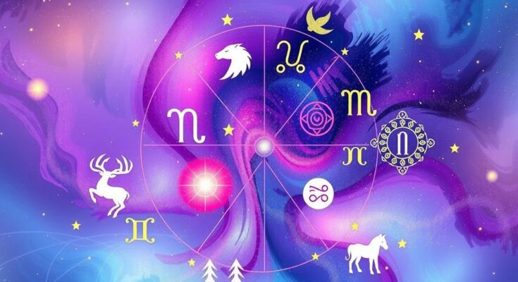 A vibrant cosmic collage of zodiac signs in a dreamy color scheme, symbolizing creative rebellion and empowerment.