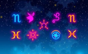 Colorful astrological symbols representing zodiac signs set against a starry night sky.