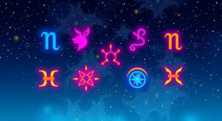 Colorful astrological symbols representing zodiac signs set against a starry night sky.