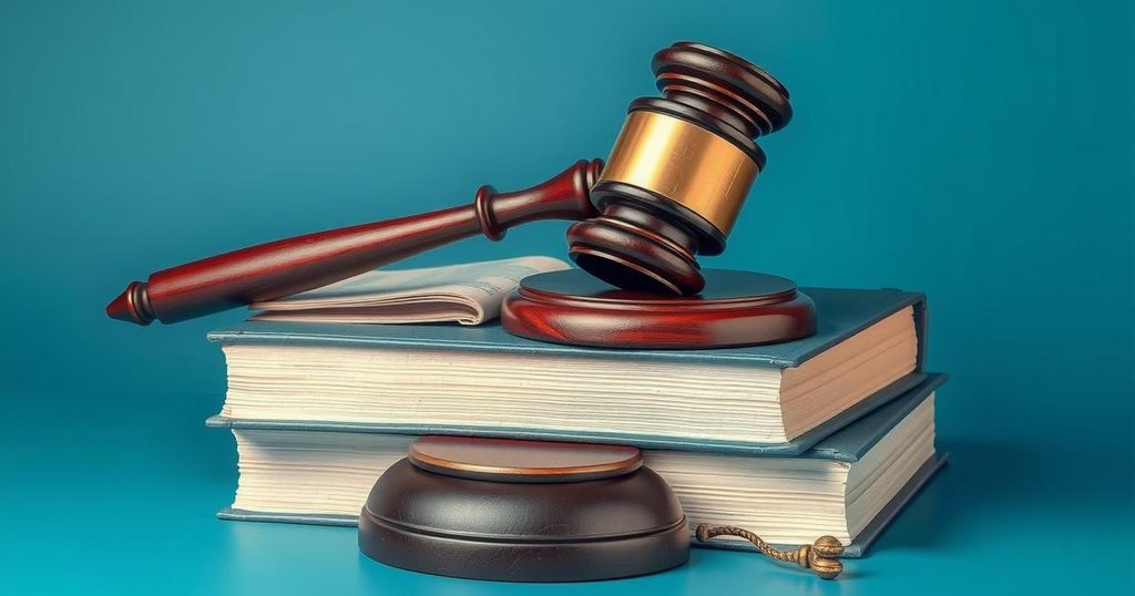 A symbolic representation of justice and legal due process with a gavel atop law books, set against a gentle blue background.