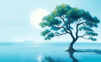 A serene sea blue landscape with a graceful tree and gentle waves, symbolizing calmness and grandeur.