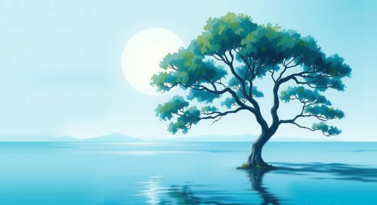 A serene sea blue landscape with a graceful tree and gentle waves, symbolizing calmness and grandeur.