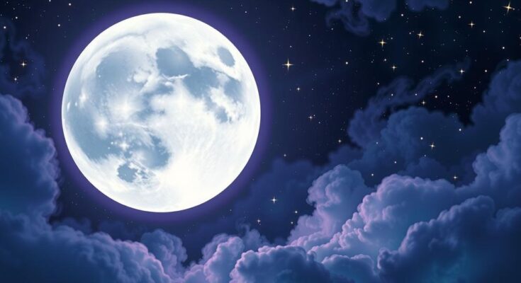 A celestial illustration featuring a glowing full moon in a starry sky, illuminating vibrant colors and cosmic elements.