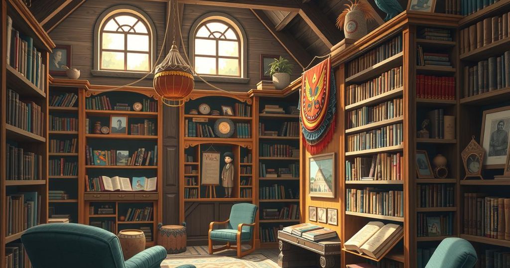 Rural library with bookshelves inside a cozy space, surrounded by nature, reflecting tribal heritage and culture.