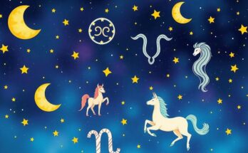 Vibrant cosmic illustration with astrological signs, celestial bodies, and a colorful night sky depicting energy and dreams.