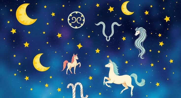 Vibrant cosmic illustration with astrological signs, celestial bodies, and a colorful night sky depicting energy and dreams.