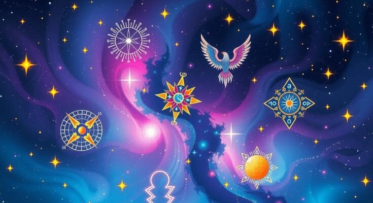 Astrological symbols and a glowing celestial sky representing daily horoscope insights and energy.