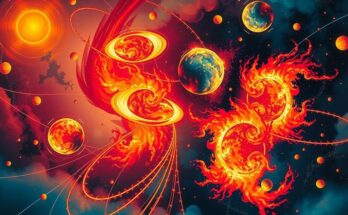 Celestial bodies align harmoniously in the cosmos, conveying love and connection in vibrant, fiery colors.