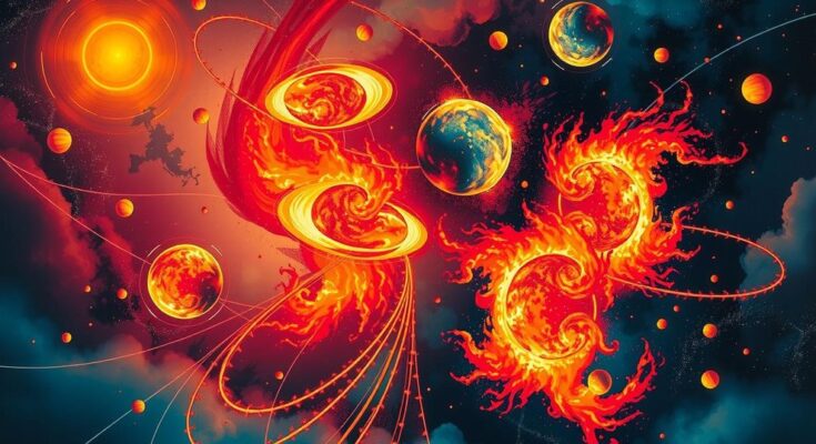 Celestial bodies align harmoniously in the cosmos, conveying love and connection in vibrant, fiery colors.