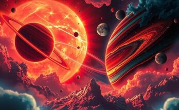 A celestial scene depicting Venus and Mars with warm colors, symbolizing harmonious love energy between fire signs.