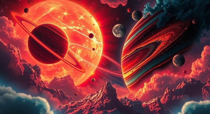 A celestial scene depicting Venus and Mars with warm colors, symbolizing harmonious love energy between fire signs.