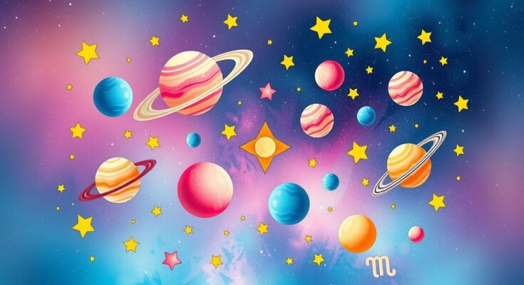 A colorful celestial scene representing horoscope changes with zodiac symbols and vibrant astrological elements.