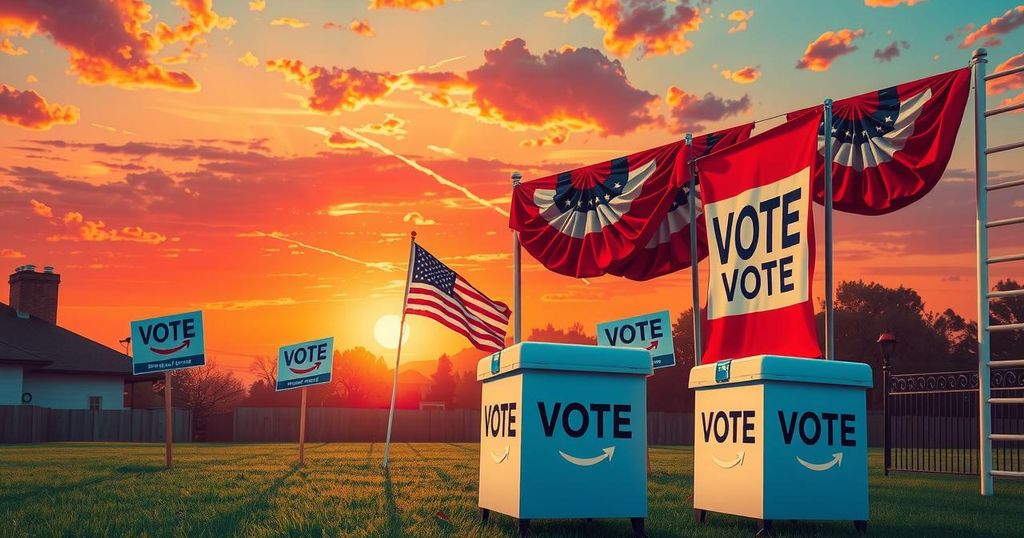A political landscape showing election signs, ballot boxes, and a bustling pavilion with a sunset backdrop.