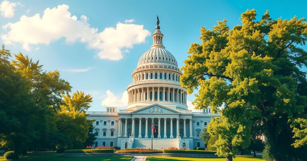 A stately U.S. Capitol building surrounded by lush greenery and clear blue skies, symbolizing political life and governance.