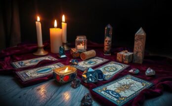 Tarot cards spread on a mystical table surrounded by candles and crystals, suggesting an introspective reading atmosphere.