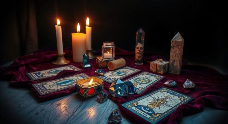 Tarot cards spread on a mystical table surrounded by candles and crystals, suggesting an introspective reading atmosphere.
