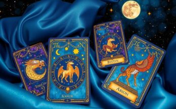 Tarot cards representing zodiac signs with a mystical background in vibrant colors