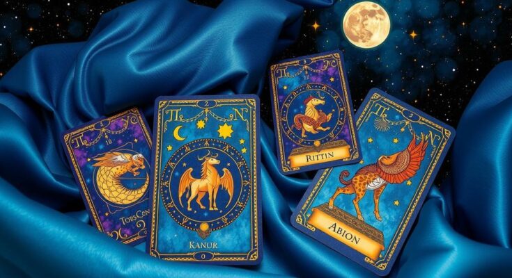 Tarot cards representing zodiac signs with a mystical background in vibrant colors