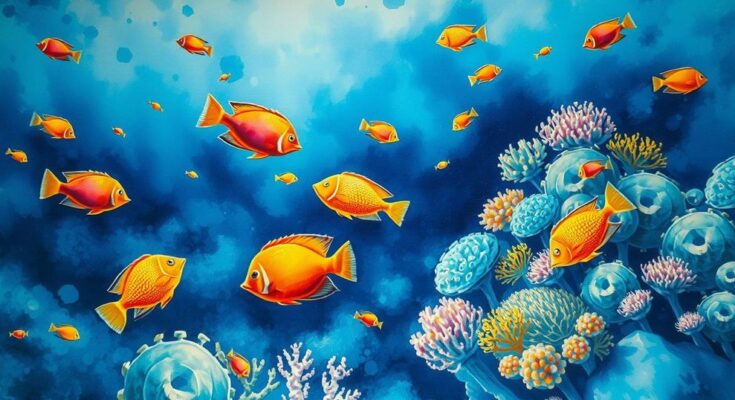 A deep sea scene showing vibrant fish and coral, symbolizing transformation and depth in a colorful watercolor style.