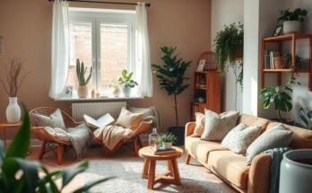 A serene home setting with cozy décor and plants, capturing the theme of inner harmony and self-care for Scorpio.