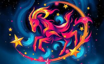 Celestial design representing zodiac signs with Aries moon theme, vibrant colors and energetic elements.