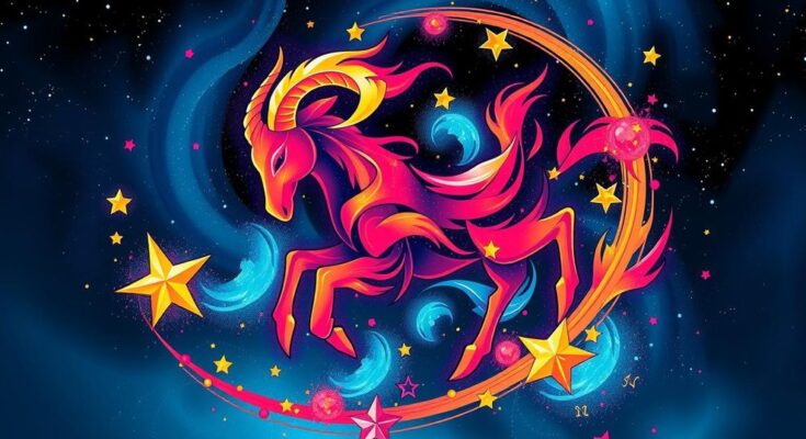 Celestial design representing zodiac signs with Aries moon theme, vibrant colors and energetic elements.