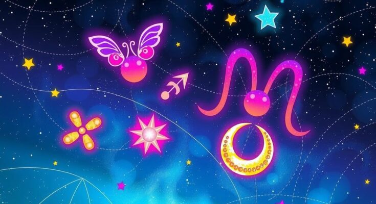 Colorful zodiac symbols with a cosmic background for weekly horoscopes.