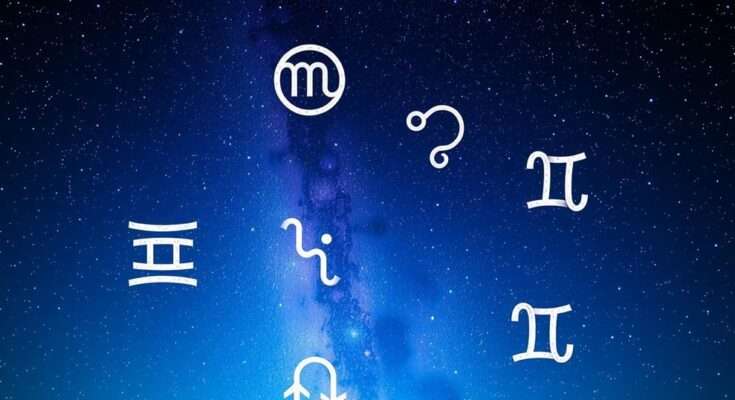 Astrological symbols representing the zodiac signs against a celestial backdrop.