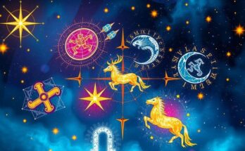 Astrological symbols surrounded by vibrant cosmos and zodiac signs representing weekly career horoscope predictions.