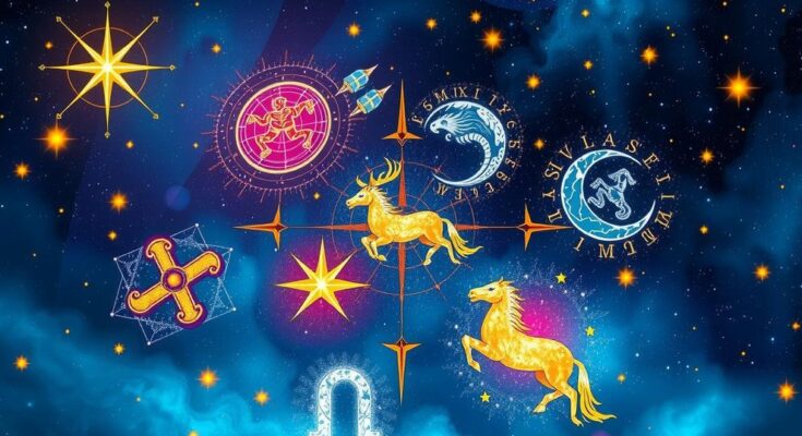 Astrological symbols surrounded by vibrant cosmos and zodiac signs representing weekly career horoscope predictions.