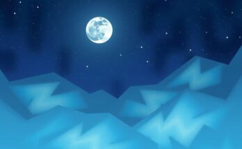 A serene cosmic landscape featuring a radiant last quarter moon and abstract geometric patterns in calming blues and purples.