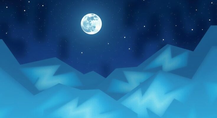 A serene cosmic landscape featuring a radiant last quarter moon and abstract geometric patterns in calming blues and purples.