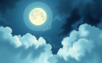 A serene night sky with a glowing full moon and ethereal clouds, radiating calm and gentle energy.