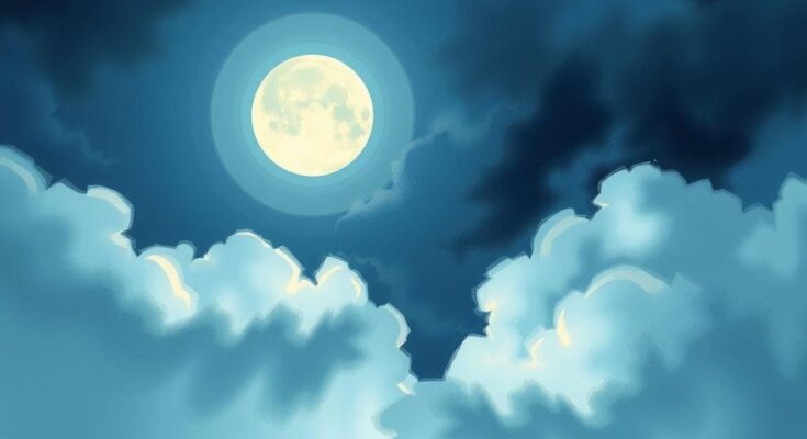 A serene night sky with a glowing full moon and ethereal clouds, radiating calm and gentle energy.