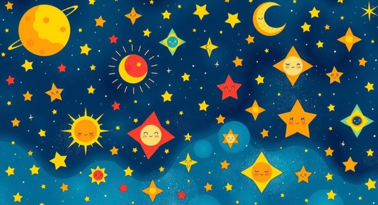 Colorful cosmic theme representing daily horoscopes with zodiac signs, stars, and sensual vibes in a vibrant design.