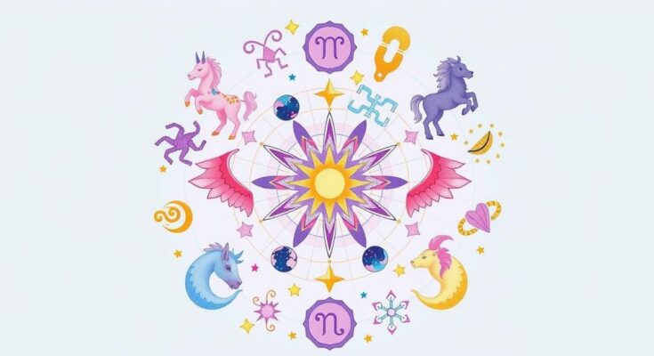 Twelve zodiac symbols with celestial designs and soft pastel colors representing horoscope guidance.
