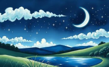 A calming nighttime scene with a crescent moon and twinkling stars above a serene landscape, symbolizing horoscopes.