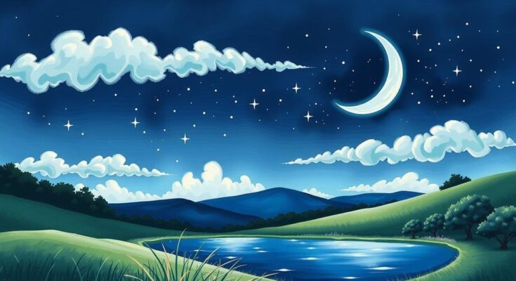 A calming nighttime scene with a crescent moon and twinkling stars above a serene landscape, symbolizing horoscopes.