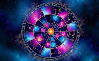 A serene horoscope wheel surrounded by colorful zodiac constellations and celestial symbols for astrology enthusiasts.