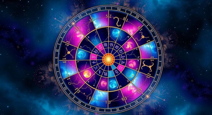 A serene horoscope wheel surrounded by colorful zodiac constellations and celestial symbols for astrology enthusiasts.