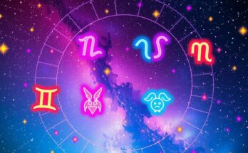 Colorful zodiac symbols on a starry background representing astrology forecasts for each sign this week.