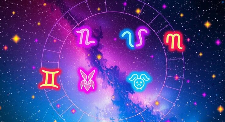Colorful zodiac symbols on a starry background representing astrology forecasts for each sign this week.