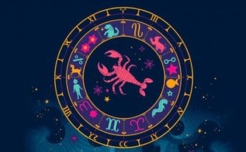A colorful zodiac wheel featuring Scorpio symbol and elements, with a vibrant celestial background.