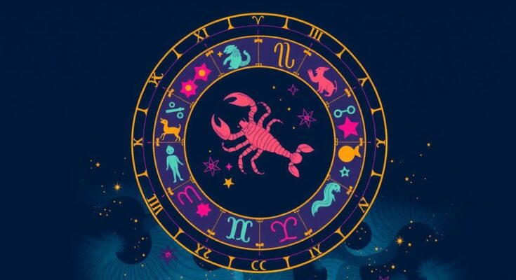 A colorful zodiac wheel featuring Scorpio symbol and elements, with a vibrant celestial background.