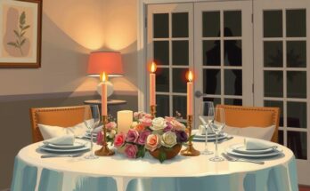 A serene evening setting with a candlelit dinner and soft flowers, conveying warmth and connection.