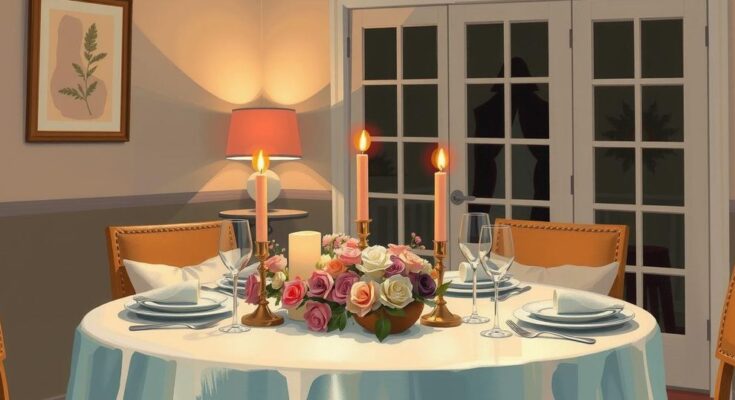 A serene evening setting with a candlelit dinner and soft flowers, conveying warmth and connection.