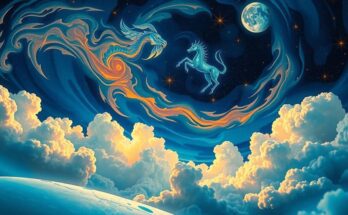 Zodiac signs align under a starry sky, representing powerful horoscopes with celestial bodies in motion.
