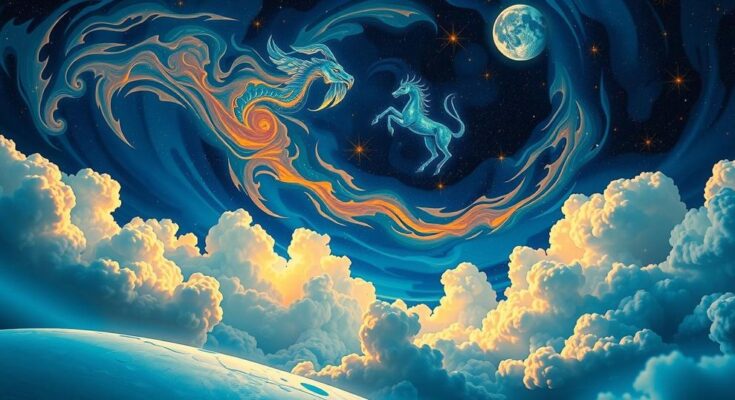 Zodiac signs align under a starry sky, representing powerful horoscopes with celestial bodies in motion.