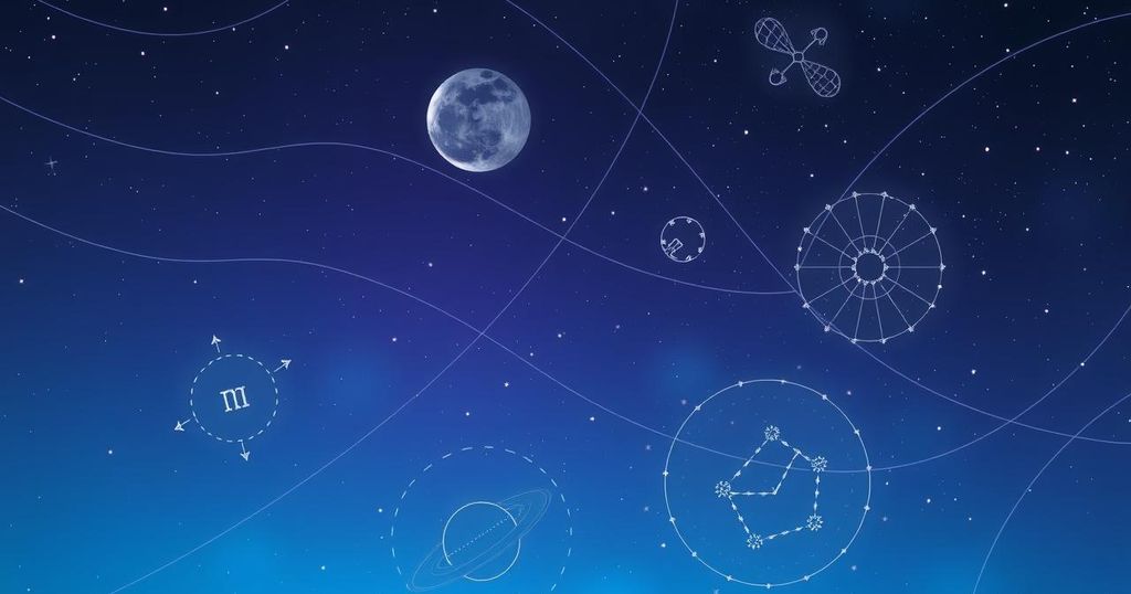 A cosmic scene featuring a waxing gibbous Moon and constellation patterns, radiating calming blues and purples.