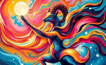 Aries moon brings energy and leadership, highlighted by vibrant colors and a dynamic, abstract style.
